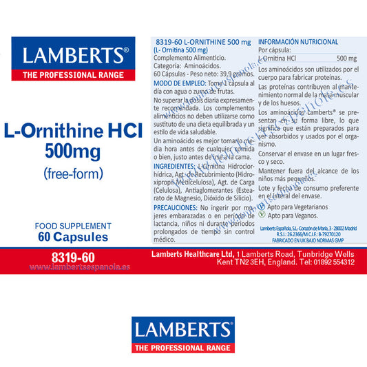 L-Ornitina 500 mg en forma libre. Aminoácido no esencial