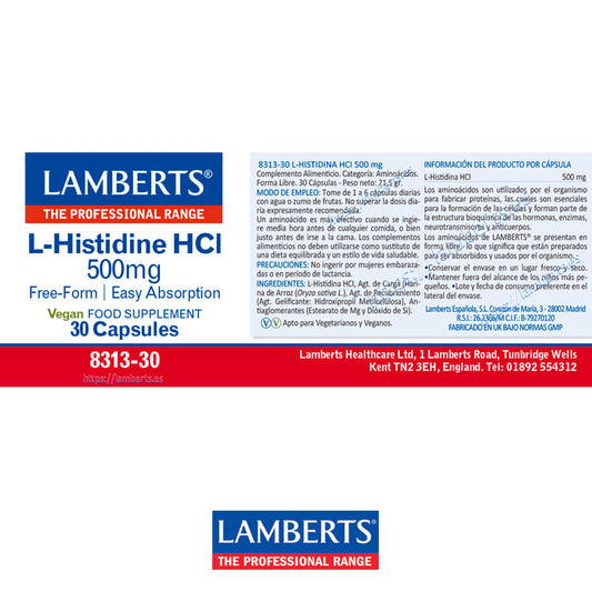 L-Histidina HCI 500 mg. En forma libre. Aminoácido no esencial