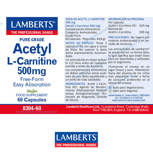 Acetil L-Carnitina 500 mg en forma Libre. Aminoácido no esencial