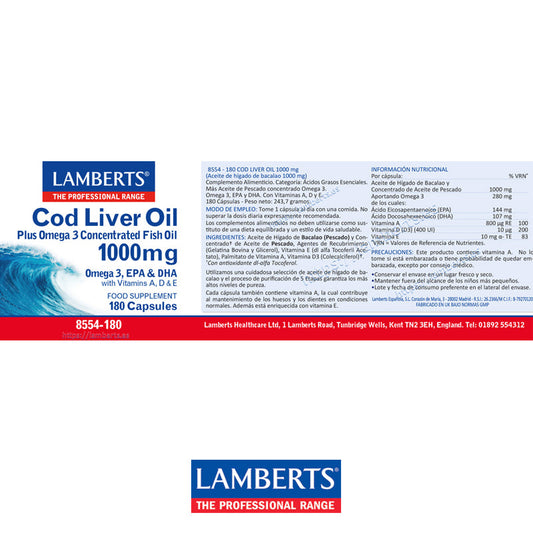 Aceite de Hígado de Bacalao 1000 mg, 280 mg de Omega 3 (triglicéridos) y Vitaminas A, D y E