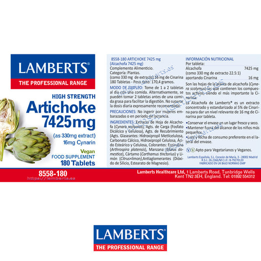 Alcachofa 7.425 mg como extracto estandarizado al 5% en tabletas, que aporta 16 mg de Cinarina.