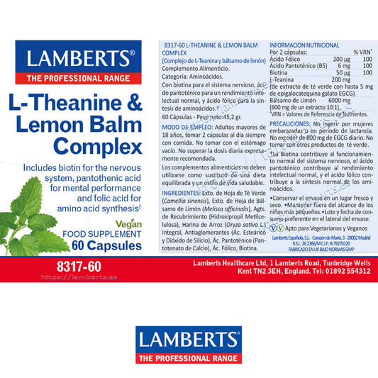 Complejo de L-Teanina 200 mg y Bálsamo de Limón 6000 mg, con ácido pantoténico.