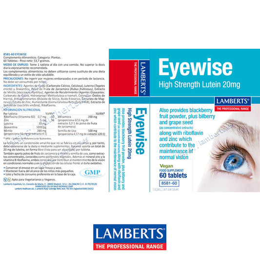 Eyewise con 20 mg de Luteína, Vitamina B2, Zinc y mas extractos como ayuda para la visión