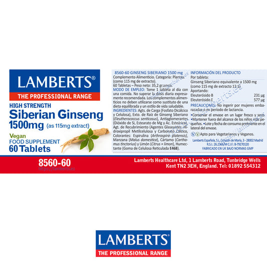 Ginseng Siberiano 1500 mg como extracto estandarizado
Aportando Eleuterósido B 231 μg y Eleuterósido E 577 μg