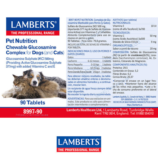Complejo de Glucosamina Masticable para Perros y Gatos.
Con Sulfato de Glucosamina 2KCI más Vitaminas C y E