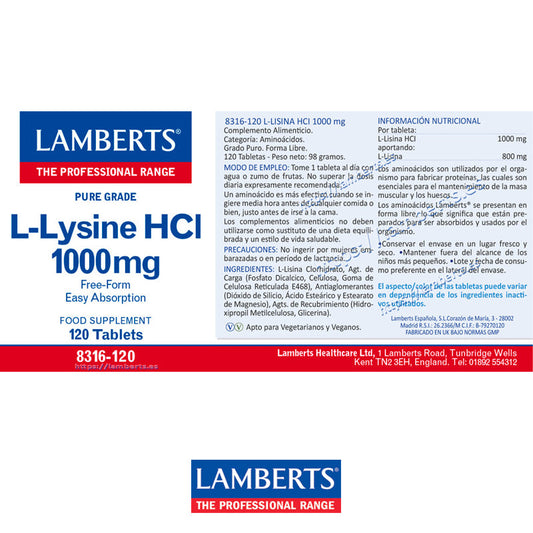 L-Lisina HCI 1000 mg. Grado puro. Alta absorción. Grado USP