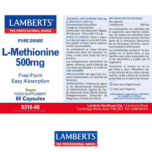 L-Metionina 500 mg. Aminoácido esencial utilizado por el cuerpo para construir proteínas