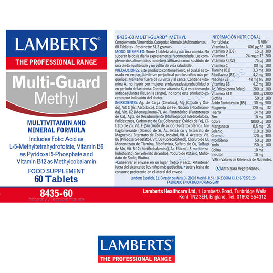 Multi-Guard® Metil. Sin Calcio.
Folato como Metilfolato, Vitamina B6 como Piridoxal 5-Fosfato y Vitamina B12 como Metilcobalamina