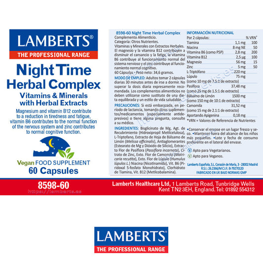 Night Time Herbal Complex. Vitaminas, Minerales, Triptófano y Extractos de Plantas.