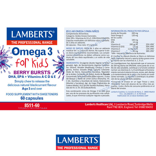 Omega 3 para Niños con DHA 100 mg y EPA 14 mg, más Vitaminas A, C, D y E, con sabor a frutos del bosque