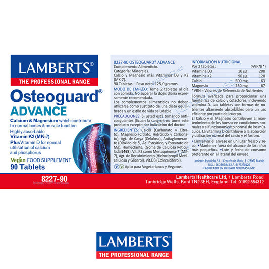 Osteoguard® ADVANCE. Calcio 500 mg, Magnesio 250 mg + Vitaminas D3 10 µg y K2 (MK-7) 90 µg