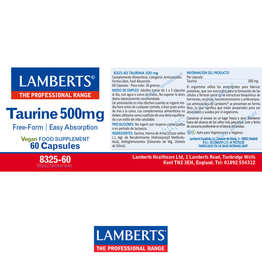 Taurina 500 mg. Forma libre. Aminoácido no esencial. Fácil absorción