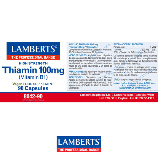 Tiamina o Vitamina B1 100 mg. Apoyo al metabolismo energético normal