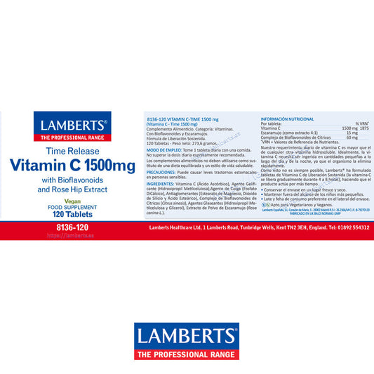 Vitamina C 1500 mg. Liberación Sostenida 120 tabletas con Bioflavonoides y Escaramujo