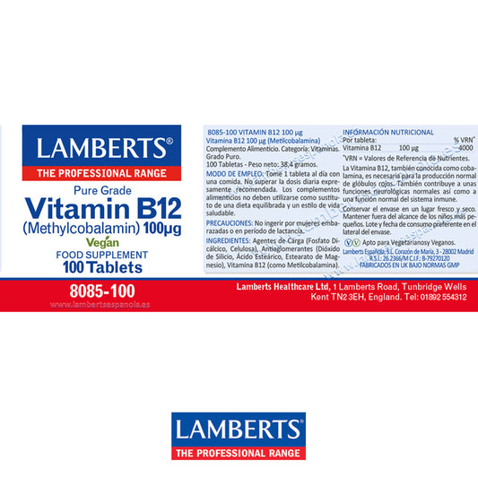 Vitamina B12 100 mcg en forma de Metilcobalamina. Grado puro.
