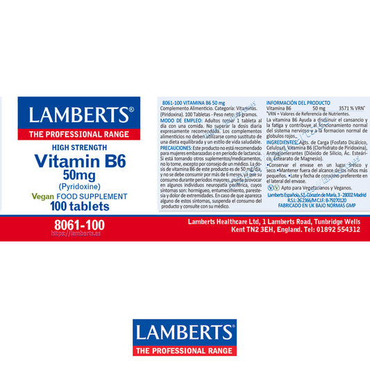Vitamina B6 o Piridoxina 50 mg. Ayuda a la formación de los glóbulos rojos y disminuye el cansancio
