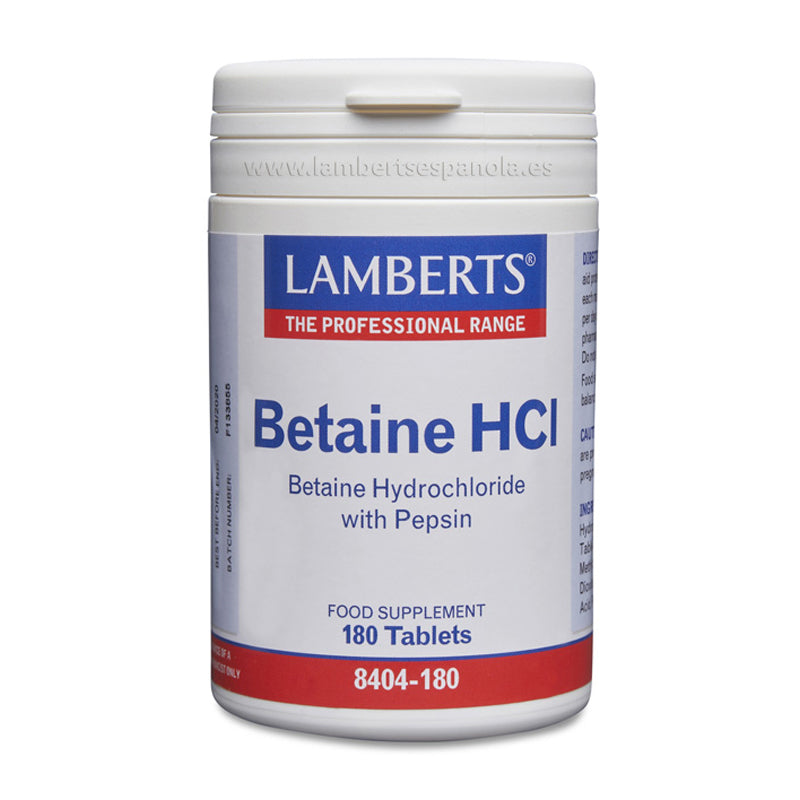Betaína HCI 324 mg y Pepsina 5 mg en tabletas. Contribuye al metabolismo normal de la homocisteína