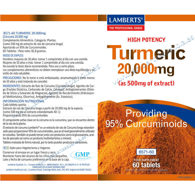 Cúrcuma o Turmeric 20.000 mg como extracto de Cúrcuma longa