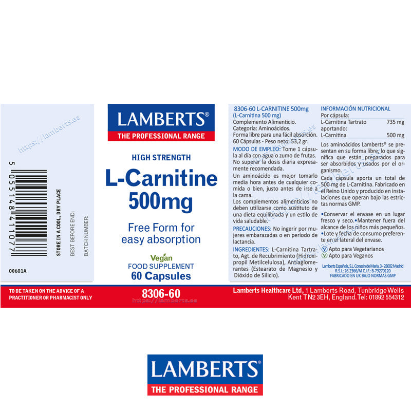 L-Carnitina 500 mg Pura en forma libre. Aminoácido no esencial