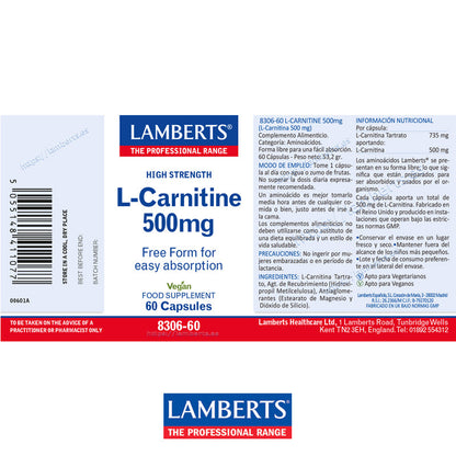 L-Carnitina 500 mg Pura en forma libre. Aminoácido no esencial