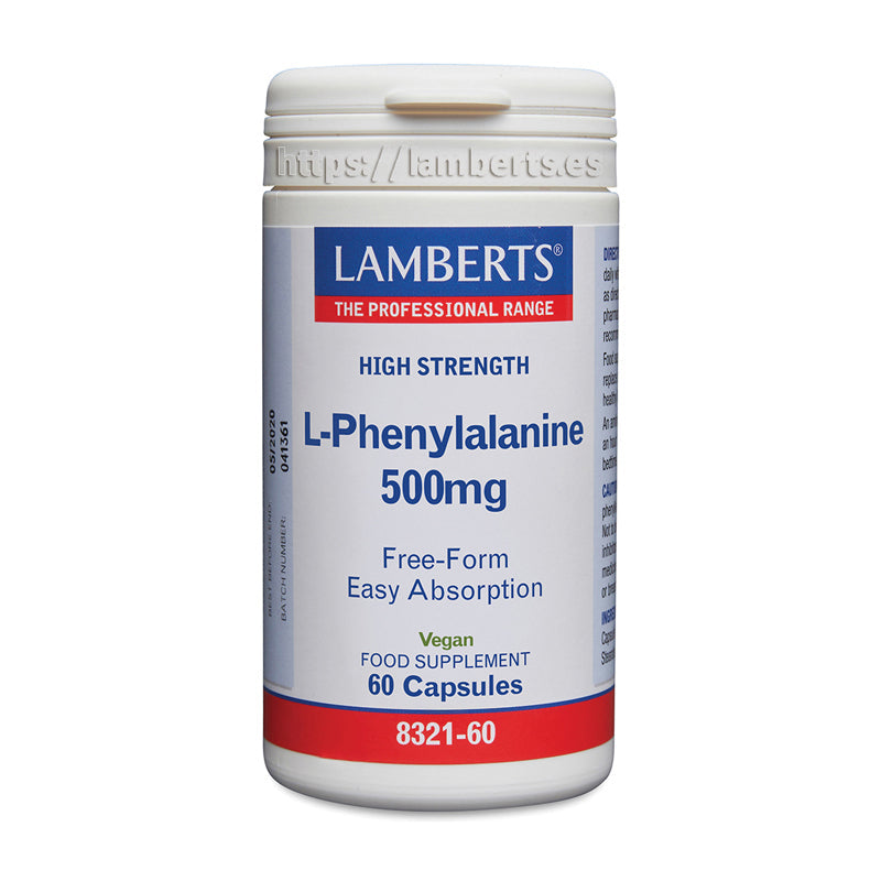 L-Fenilalanina 500 mg en forma libre. Aminoácido esencial natural presente en las proteínas