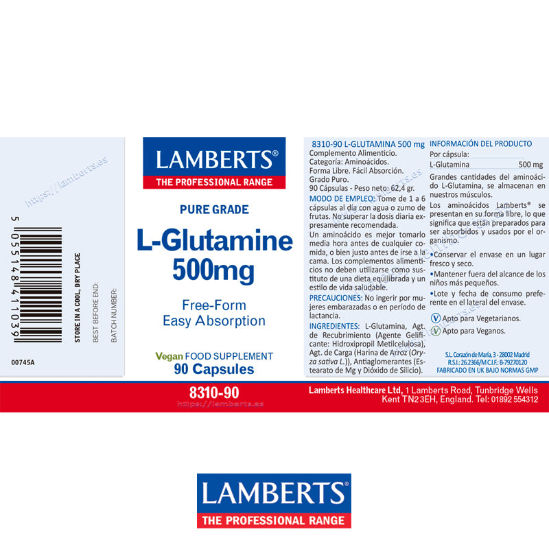 L-Glutamina 500 mg. Pura. Aminoácido no esencial con 90 cápsulas
