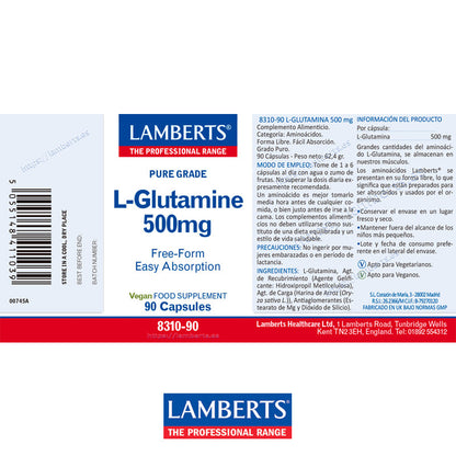 L-Glutamina 500 mg. Pura. Aminoácido no esencial con 90 cápsulas