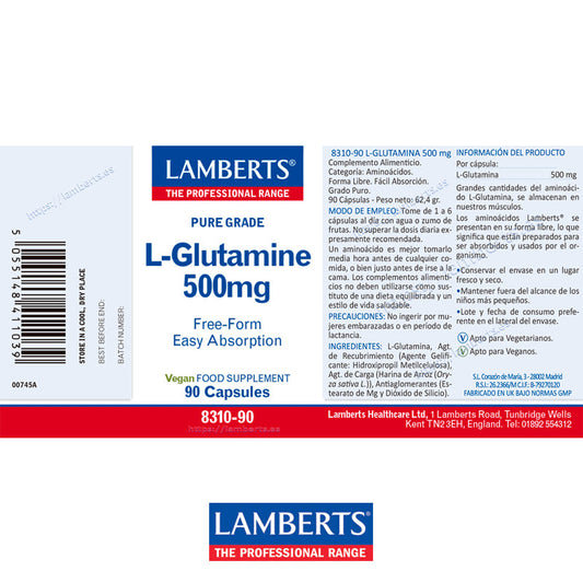 L-Glutamina 500 mg. Pura. Aminoácido no esencial con 90 cápsulas