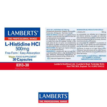 L-Histidina HCI 500 mg. En forma libre. Aminoácido no esencial