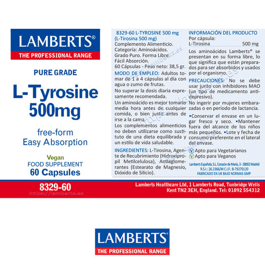 L-Tirosina 500 mg en forma libre. Aminoácido no esencial. forma Libre. Máxima absorción