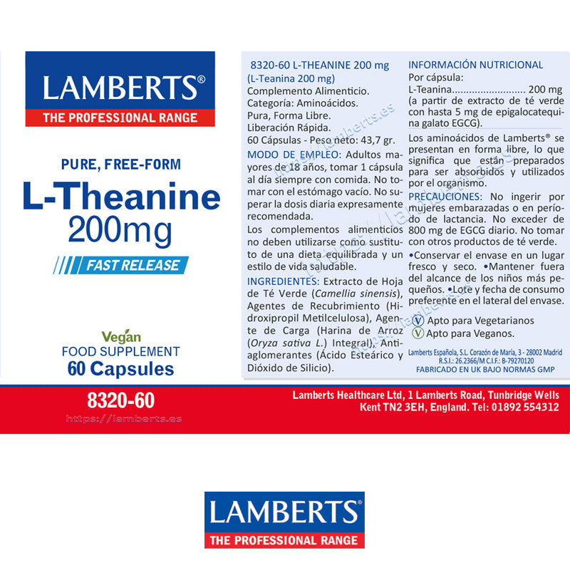 L-Teanina 200 mg en forma Libre. Aminoácido no esencial