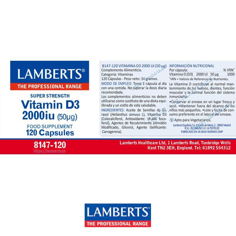 Vitamina D3, colecalciferol 2000 UI (50 µg). Esencial para los huesos, dientes y sistema inmune.