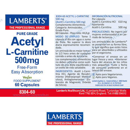 Acetil L-Carnitina 500 mg en forma Libre. Aminoácido no esencial