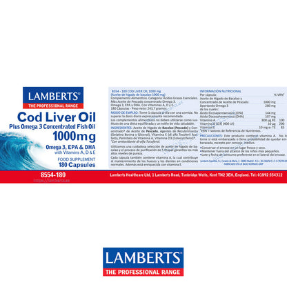 Aceite de Hígado de Bacalao 1000 mg, 280 mg de Omega 3 (triglicéridos) y Vitaminas A, D y E