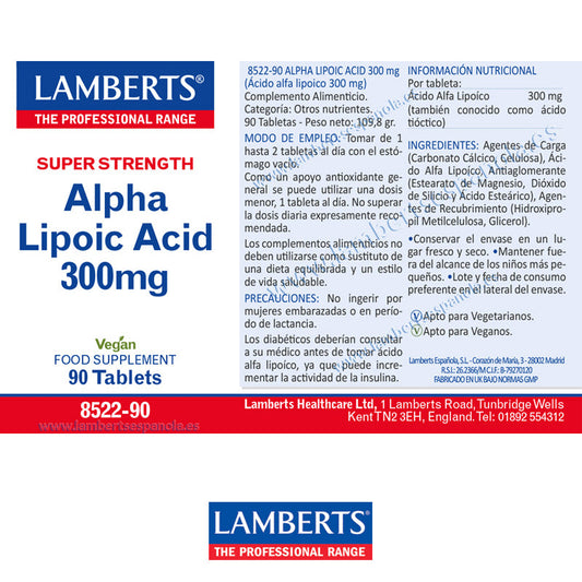 Ácido Alfa Lipoico 300 mg, ALA o Ácido Tióctico. Aporta 300 mg por tableta