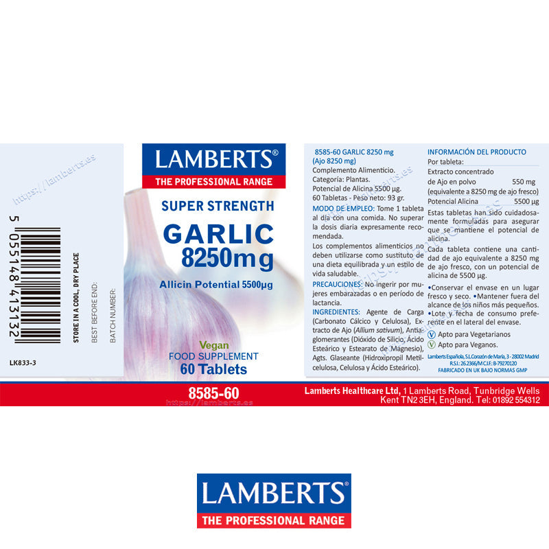 Ajo 8250 mg. Aportando 5500 µg de Alicina