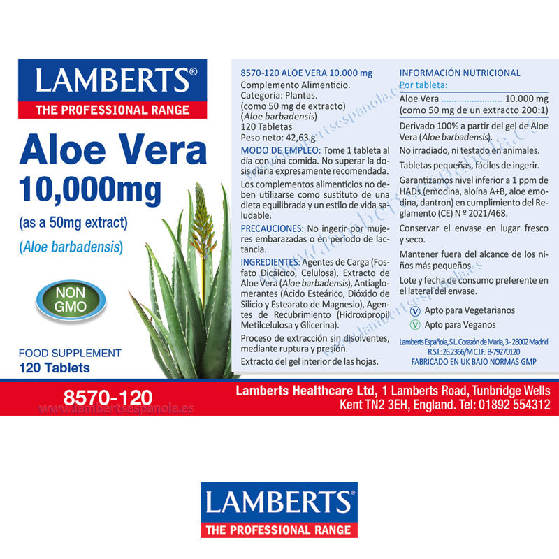 Aloe Vera 10.000 mg. Procede del gel del interior de las hojas de la especie Aloe barbadensis, también conocida como sábila y acíbar