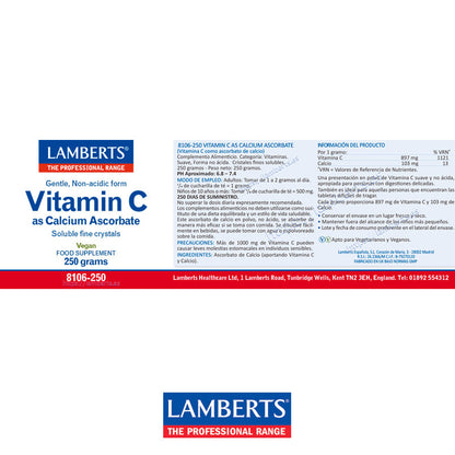 Vitamina C en forma de Ascorbato de Calcio. Forma suave, no ácida en Polvo.