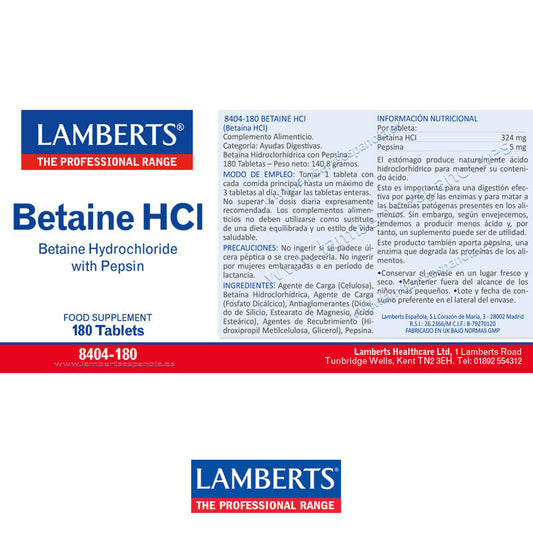 Betaína HCI 324 mg y Pepsina 5 mg en tabletas. Contribuye al metabolismo normal de la homocisteína