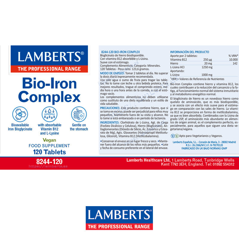 Bio Iron Complex. Bisciglato de Hierro biodisponible, vitamina B12 absorbible y L-Lisina