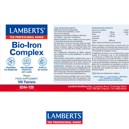 Bio Iron Complex. Bisciglato de Hierro biodisponible, vitamina B12 absorbible y L-Lisina