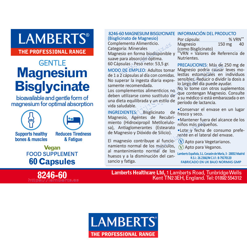 Magnesio Bisglicinato 150 mg. Biodisponible y suave. Contribuye al funcionamiento normal de los músculos y ayuda a disminuir el cansancio y la fatiga