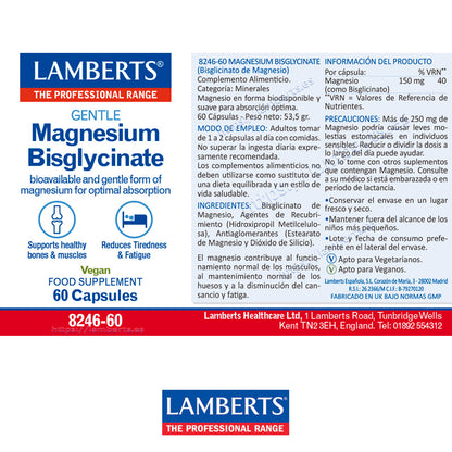 Magnesio Bisglicinato 150 mg. Biodisponible y suave. Contribuye al funcionamiento normal de los músculos y ayuda a disminuir el cansancio y la fatiga