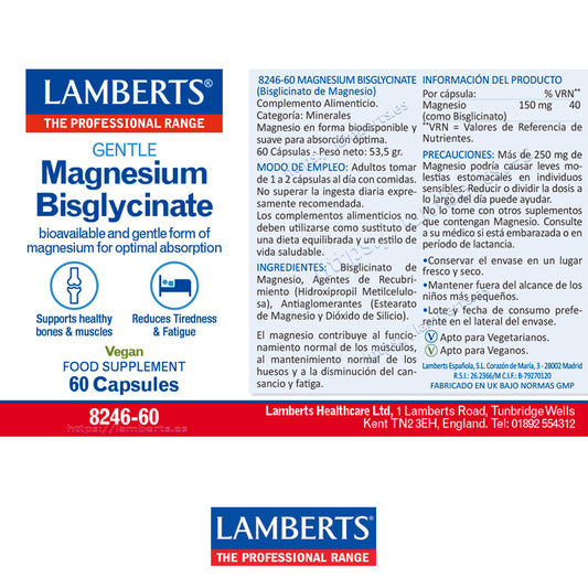 Magnesio Bisglicinato 150 mg. Biodisponible y suave. Contribuye al funcionamiento normal de los músculos y ayuda a disminuir el cansancio y la fatiga