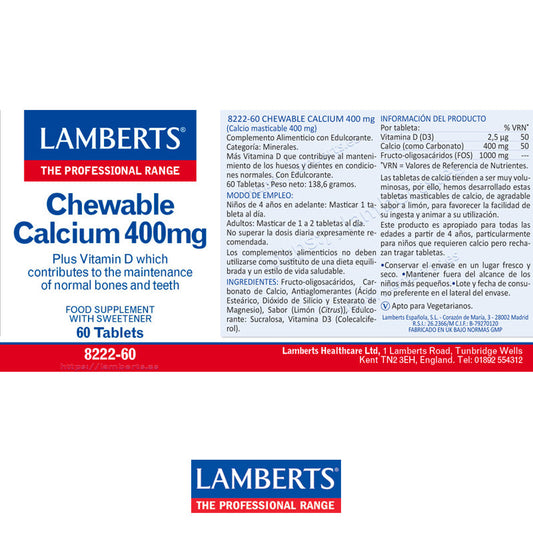 Calcio masticable 400 mg con Vitamina D y FOS. Sabor a limón. Ayuda al mantenimiento de los huesos.