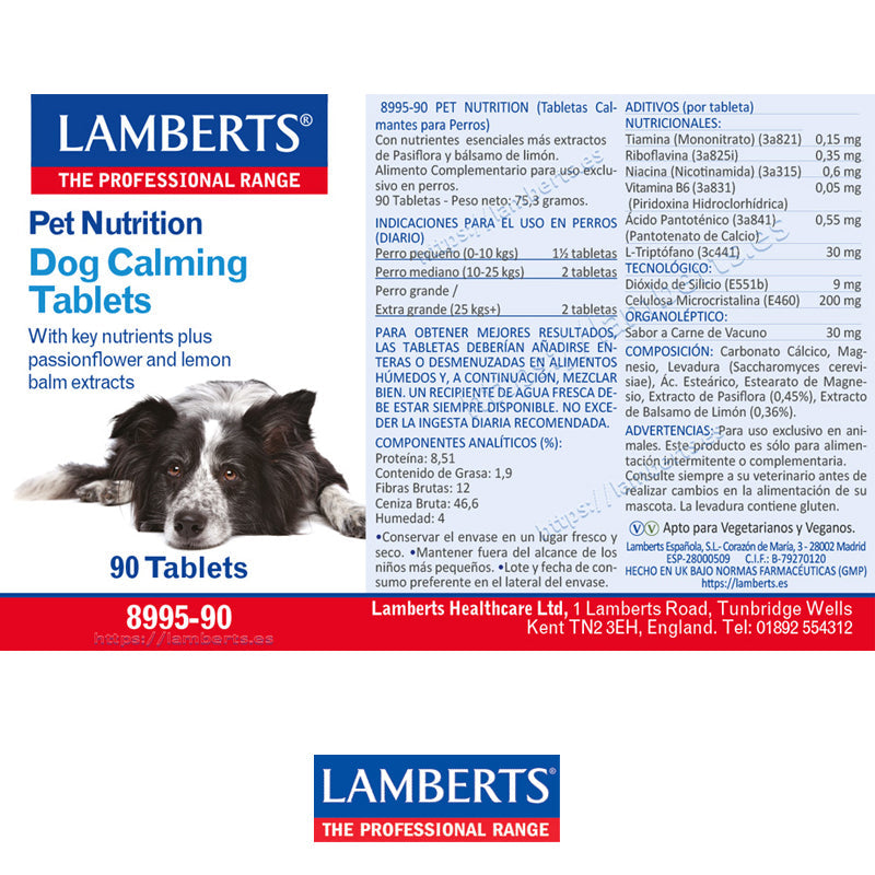 Tabletas calmantes para perros. Con nutrientes claves más extractos de pasiflora y bálsamo de limón