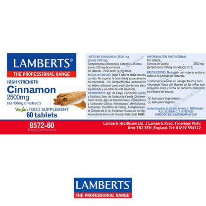 Canela 2.500 mg como extracto estandarizado. Extracto de corteza aportando cinamaldehído del 62% – 73%.