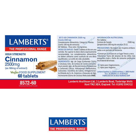 Canela 2.500 mg como extracto estandarizado. Extracto de corteza aportando cinamaldehído del 62% – 73%.