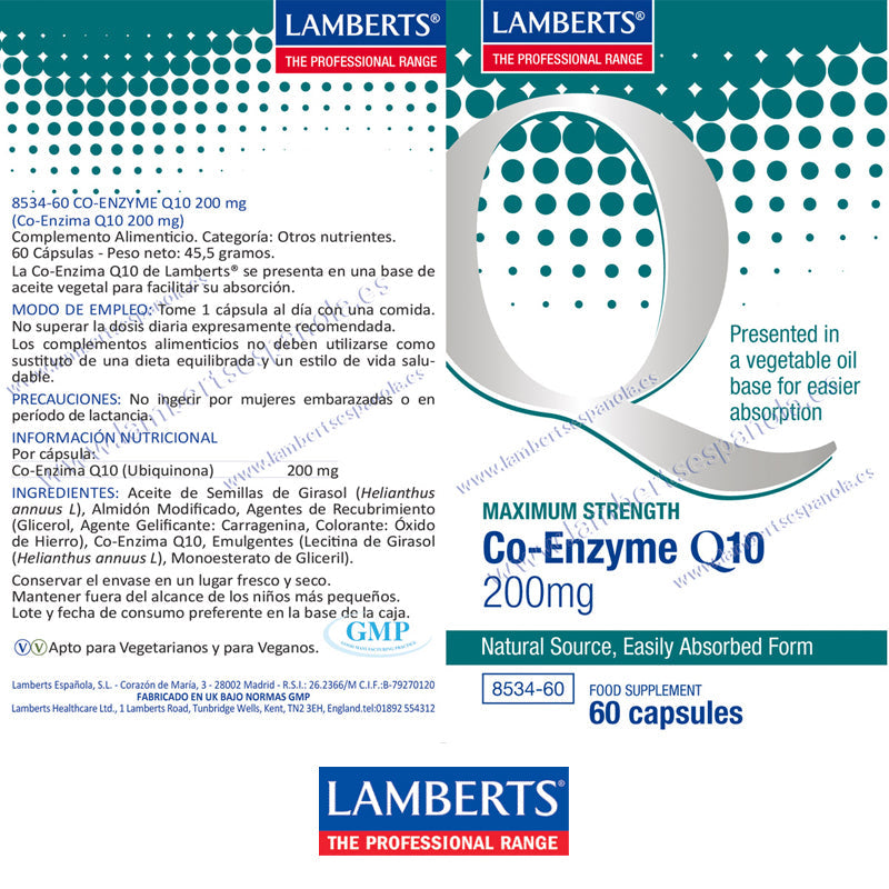 Co-Enzima Q10 200 mg, Ubiquinona, con 60 cápsulas