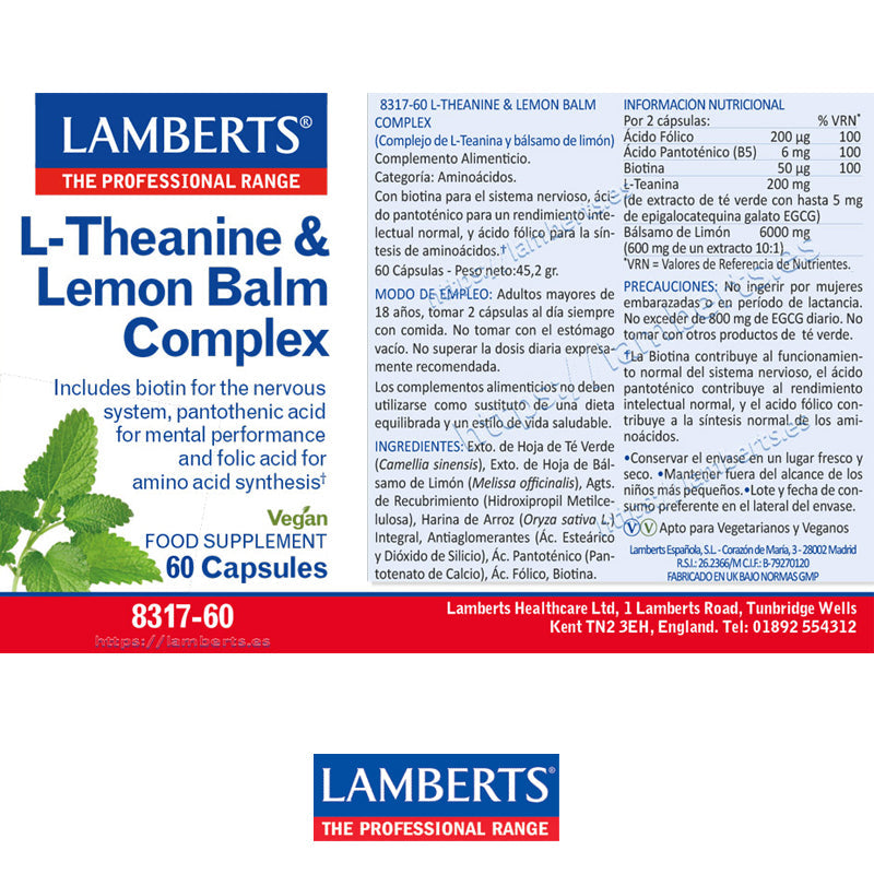 Complejo de L-Teanina 200 mg y Bálsamo de Limón 6000 mg, con ácido pantoténico.